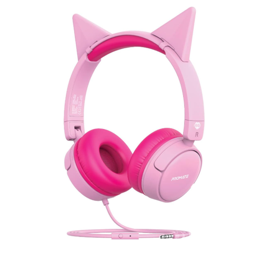 Promate Kids Headphones, HD Stereo On-Ear Wired Headset with Safe Volume Limited 85dB to 95dB, Detachable Cat Ears, AUX Share-Port, Foldable Headband and Built-In Mic for iPhone 13, Jewel